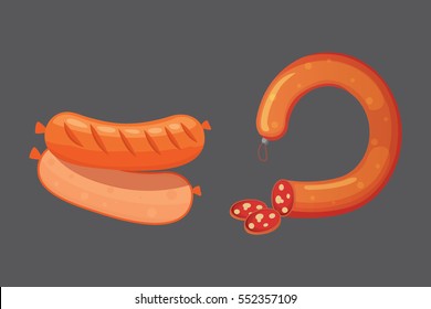 Set of vector cartoon sausage. Bacon, sliced Salami and Smoked Boiled. Isolated fresh Delicatessen icons. Grilled product on a white background