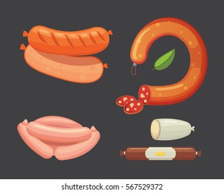 Set of vector cartoon sausage. Bacon, sliced Salami and Smoked Boiled. Isolated fresh Delicatessen icons. Grilled product.