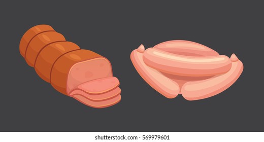 Set of vector cartoon sausage. Bacon, sliced Salami and Smoked Boiled. Isolated fresh Delicatessen icons. Grilled product on a white background