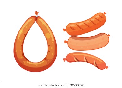 Set of vector cartoon sausage. Bacon, sliced Salami and Smoked Boiled. Isolated fresh Delicatessen icons. Grilled product on a white background