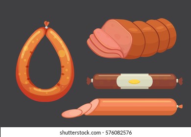 Set of vector cartoon sausage. Bacon, sliced Salami and Smoked Boiled. Isolated fresh Delicatessen icons. Grilled product on a white background