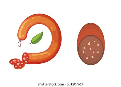 Set of vector cartoon sausage. Bacon, sliced Salami and Smoked Boiled. Isolated fresh Delicatessen icons. Grilled product on a white background