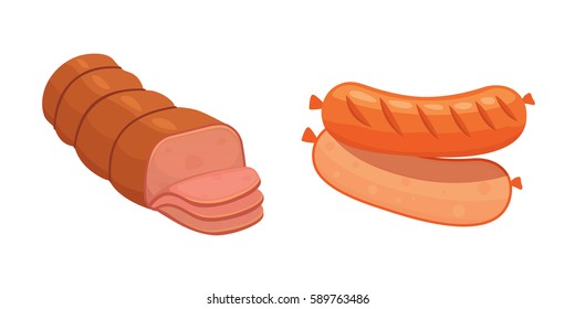 Set of vector cartoon sausage. Bacon, sliced Salami and Smoked Boiled. Isolated fresh Delicatessen icons. Grilled product on a white