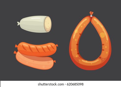 Set of vector cartoon sausage. Bacon, sliced Salami and Smoked Boiled. Isolated fresh Delicatessen icons. Grilled product