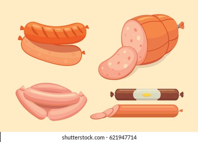 Set of vector cartoon sausage. Bacon, sliced Salami and Smoked Boiled. Isolated fresh Delicatessen icons. Grilled product.