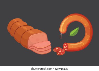 Set of vector cartoon sausage. Isolated fresh Delicatessen icon. Grilled product.