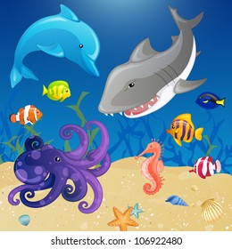 Set of Vector Cartoon Sea Creatures