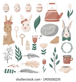 Set of vector cartoon seamless flat icons on Easter theme. Cute characters and design elements. Easter eggs, rabbits, doodle images of plants and flowers.