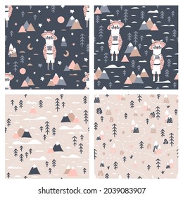 A set of vector cartoon seamless patterns with a llama with glasses and a hat. Background with mountains and cacti. For children's textile,baby shower,gift paper,greeting card, notepad, scrapbooking.