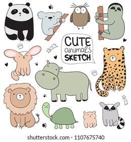 Set of vector cartoon sketch illustration with cute doodle animals. Perfect for postcard, birthday, baby book, children room. Panda, koala, sloth, leopard, hippo, raccoon, owl, turtle, lion