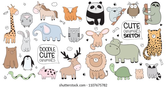 Set of vector cartoon sketch illustration with cute doodle animals. Perfect for postcard, birthday, baby book, children room. Panda, koala, sloth, leopard, hippo, raccoon, owl, turtle, lion