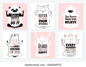 Conjunto de dibujos animados de Vector ilustraciones de animales meditativos con la frase de letras de motivación. Perfecto para postales, día de San Valentín, aniversario, cumpleaños, baby book. Pisos de yoga

