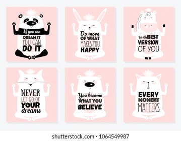 Set of Vector cartoon sketch meditative animals illustration with motivation lettering phrase. Perfect for postcard, Valentine's day, anniversary, birthday, baby book

