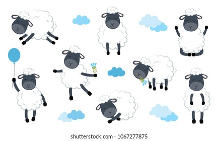 Set of Vector cartoon sketch sheeps illustration with clouds. Perfect for stickers, postcard, Valentine's day, anniversary, birthday, baby book. 