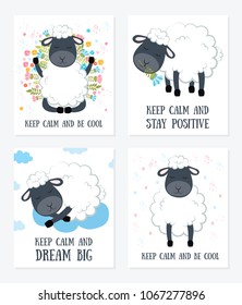 Set of Vector cartoon sketch sheeps illustration with motivation Keep Calm phrase. Perfect for postcard, Valentine's day, anniversary, birthday, baby book. 