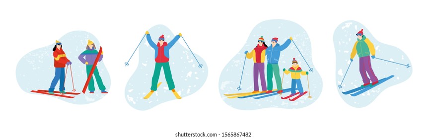 Set of vector cartoon skiers moving downhill. Men and women skiing in the mountains. Winter sport activity. Illustration in flat style.