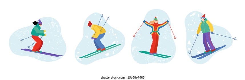 Set of vector cartoon skiers moving downhill. Men and women skiing in the mountains. Winter sport activity. Illustration in flat style.