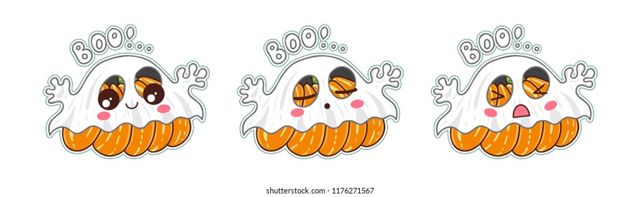 Set of vector cartoon smiles. Halloween pumpkins with ghost outfit, different kawaii anime muzzles. Happy, kind, angry and sleeping faces. Orange, yellow, green and pink colors. Set 4 from 4