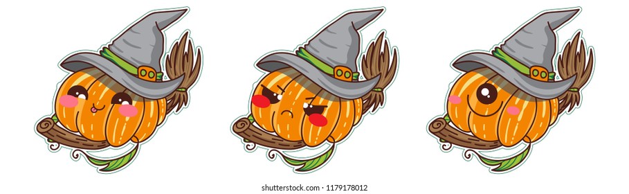 Set of vector cartoon smiles. Halloween pumpkins with witch hat on broom, different kawaii anime muzzles. Pleased, sly, angry and UFO faces. Orange, yellow, green and pink colors. Set 3 from 4