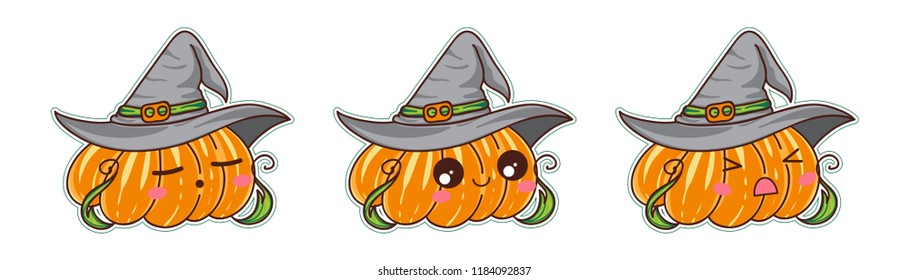 Set of vector cartoon smiles. Halloween pumpkins with witch hat, different kawaii anime muzzles. Happy, kind, angry and sleeping faces. Orange, yellow, green and pink colors. Set 4 from 4