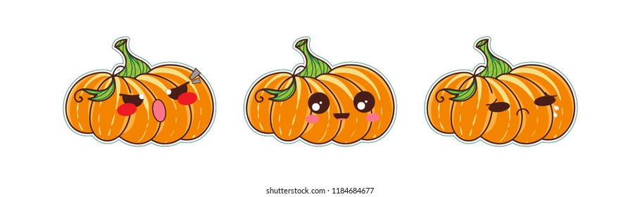 Set of vector cartoon smiles. Halloween pumpkins with different kawaii anime muzzles. Angry, happy, sad, crying faces. Orange, yellow, green and pink colors. Set 2 from 4