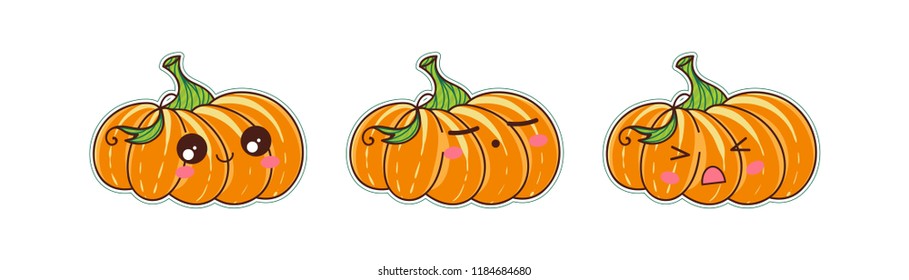 Set of vector cartoon smiles. Halloween pumpkins with different kawaii anime muzzles. Happy, kind, angry and sleeping faces. Orange, yellow, green and pink colors. Set 4 from 4