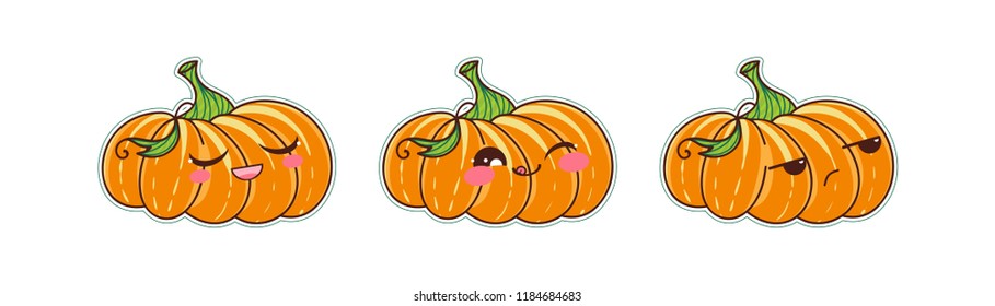 Set of vector cartoon smiles. Halloween pumpkins with different kawaii anime muzzles. Indifferent, touched, pleased, contented faces. Orange, yellow, green and pink colors. Set 1 from 4