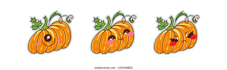 Set of vector cartoon smiles. Halloween pumpkins with different kawaii anime muzzles. Pleased, sly, angry and UFO faces. Orange, yellow, green and pink colors. Set 3 from 4