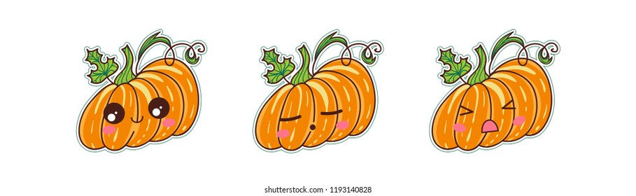 Set of vector cartoon smiles. Halloween pumpkins with different kawaii anime muzzles. Happy, kind, angry and sleeping faces. Orange, yellow, green and pink colors. Set 4 from 4