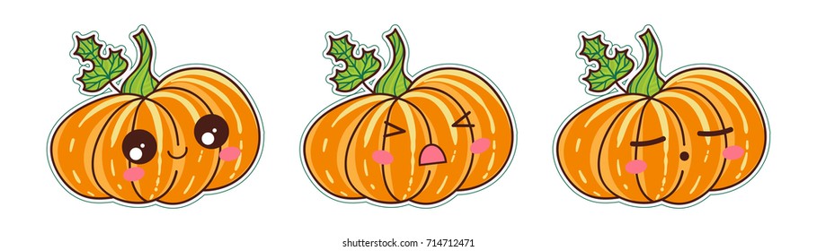 Set of vector cartoon smiles. Halloween pumpkins with different kawaii anime muzzles. Happy, kind, angry and sleeping faces. Orange, yellow, green and pink colors. Set 4 from 4