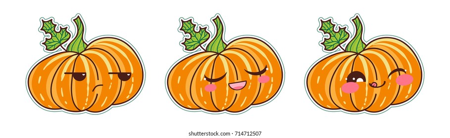 Set of vector cartoon smiles. Halloween pumpkins with different kawaii anime muzzles. Indifferent, touched, pleased, contented faces. Orange, yellow, green and pink colors. Set 1 from 4