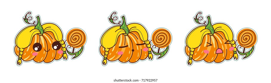 Set of vector cartoon smiles. Halloween pumpkins with blonde hair, lollypop, different kawaii anime muzzles. Happy, kind, angry and sleeping faces. Orange, yellow, green and pink colors. Set 4 from 4