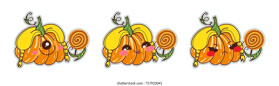 Set of vector cartoon smiles. Halloween pumpkins with blonde hair, lollypop, different kawaii anime muzzles. Pleased, sly, angry and UFO faces. Orange, yellow, green and pink colors. Set 3 from 4
