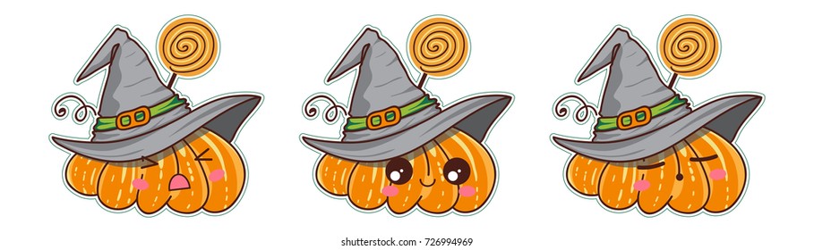 Set of vector cartoon smiles. Halloween pumpkins with witch hat, lollypop, different kawaii anime muzzles. Happy, kind, angry and sleeping faces. Orange, yellow, green and pink colors. Set 4 from 4