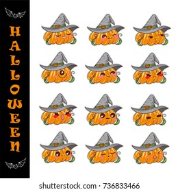 Set of vector cartoon smiles. Halloween anime pumpkin with big witch hat. Funny faces with different expression. Happy, kind, angry, sleepy, moody, naughty, sad, sly, grumpy muzzles