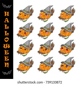 Set of vector cartoon smiles. Halloween anime pumpkin with witch hat flying on broom. Funny faces with different expression. Happy, kind, angry, sleepy, moody, naughty, sad, sly, grumpy muzzles