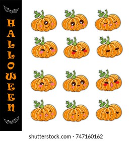 Set of vector cartoon smiles. Halloween anime pumpkin with green leaf. Funny faces with different expression. Happy, kind, angry, sleepy, moody, naughty, sad, sly, grumpy muzzles