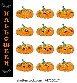 Set of vector cartoon smiles. Halloween anime fat pumpkin with green leaf. Funny faces with different expression. Happy, kind, angry, sleepy, moody, naughty, sad, sly, grumpy muzzles