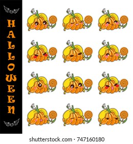 Set of vector cartoon smiles. Halloween anime pumpkin with blonde hair and lollypop. Funny faces with different expression. Happy, kind, angry, sleepy, moody, naughty, sad, sly, grumpy muzzles