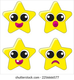 Set of vector cartoon stars. Star with eyes. Emotions. Feelings. Decor set. Astronomy. Cute kids characters.