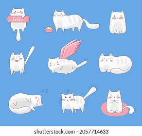 Set of vector cartoon stickers with cats with different emotions and emoticons: joyful, cheerful, angry, sleeping, welcoming, flying, meditating, eating, sitting, walking. Gray cats on a blue.