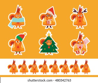 Set of vector cartoon stickers. Flat style bird. Cute illustration of funny red roosters, Christmas character - Santa Claus, Elf, Deer, Christmas tree, chickens with presents. Abstract Kawaii animals
