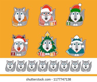 Set of vector cartoon stickers. Illustration of kawaii husky, malamutes with Christmas masquerade outfits: Santa Claus, deer, Elf, Christmas tree and big anime eyes. Cute dog divider 