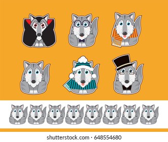 Set of vector cartoon stickers. Illustration of kawaii husky, malamutes with different clothes and big anime eyes. Abstract cartoon animals on yellow background