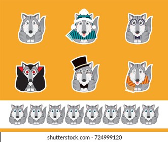 Set of vector cartoon stickers. Illustration of kawaii husky, malamutes with different clothes. Abstract cartoon animals on yellow background 