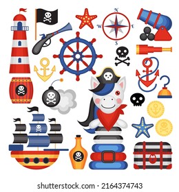 Set von Vektorkarikkklebern auf einem nautischen Piratenthema. Kinderurlaub, Kinderparty, Aufkleber, Spiele, Babydusche.