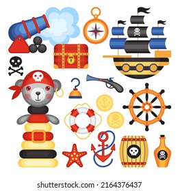 Set of vector cartoon stickers on a nautical pirate theme. Children's holiday, kids' party, stickers, games, baby shower, scrapbooking.