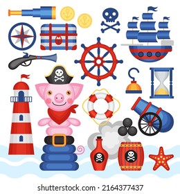 Set of vector cartoon stickers on a nautical pirate theme. Children's holiday, kids' party, stickers, games, baby shower, scrapbooking.