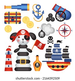 Set von Vektorkarikkklebern auf einem nautischen Piratenthema. Kinderurlaub, Kinderparty, Aufkleber, Spiele, Babydusche, Scrapbooking.
