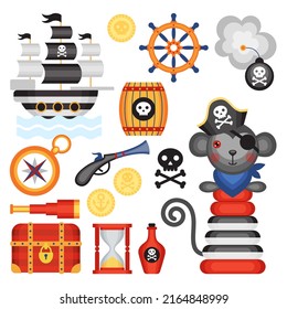 Conjunto de pegatinas de dibujos animados vectoriales sobre un tema de piratas náuticos. Vacaciones para niños, fiestas para niños, pegatinas, juegos, ducha de bebé, scrapbooking.